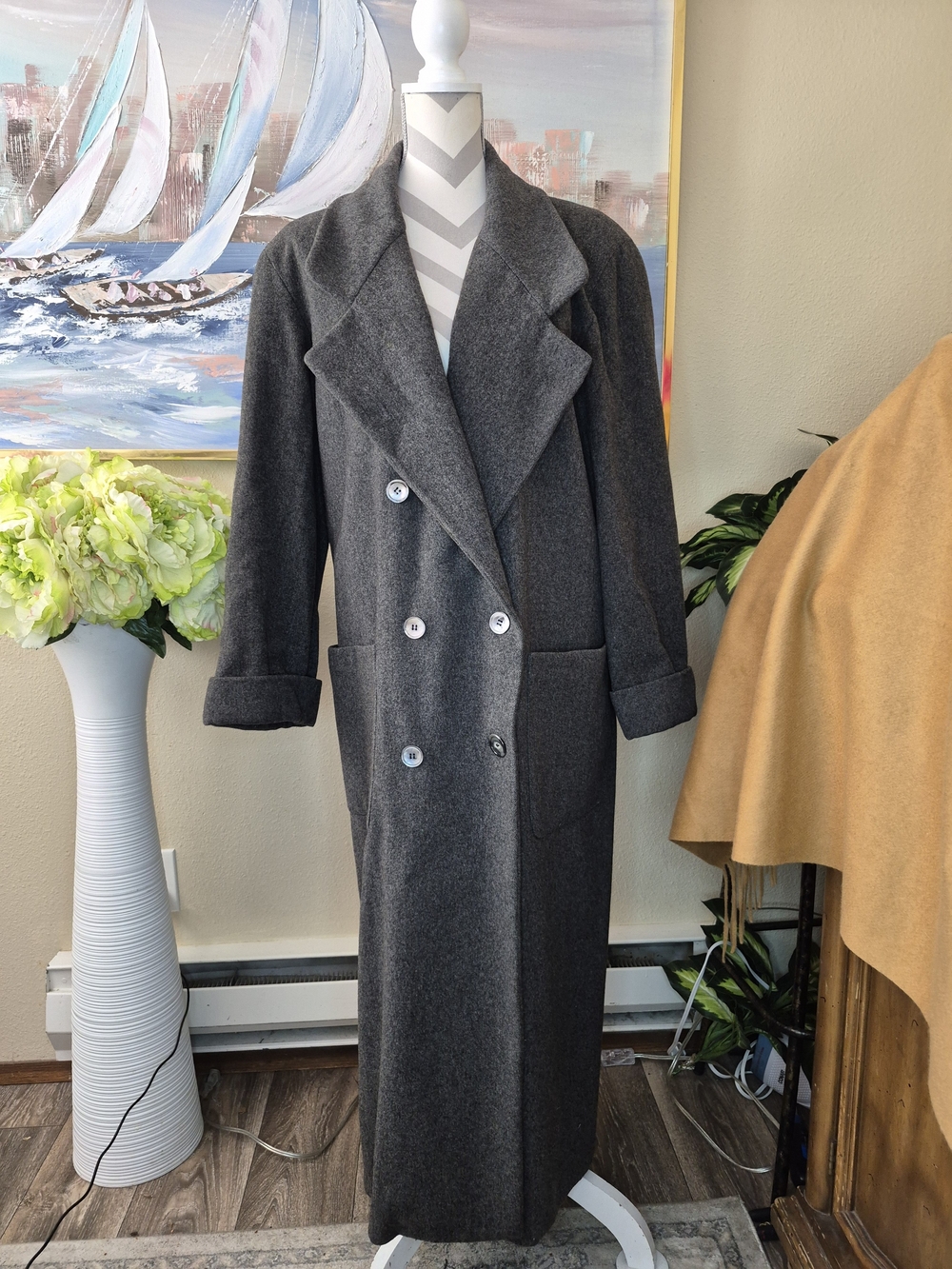 Vintage Anne Klein Long Double-Breasted Trench Coat with Faux Fur Collar - Gray